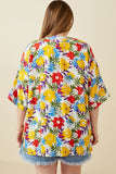HY6990W Yellow Mix Plus Vivid Floral Contrast Stitch Linen Blend Kimono Back
