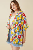 HY6990W Yellow Mix Plus Vivid Floral Contrast Stitch Linen Blend Kimono Pose