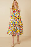 HY6991 Yellow Mix Womens Vivid Floral Tassel Shoulder Tie Linen Blend Dress Full Body