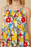 HY6991 Yellow Mix Womens Vivid Floral Tassel Shoulder Tie Linen Blend Dress Front