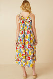 HY6991 Yellow Mix Womens Vivid Floral Tassel Shoulder Tie Linen Blend Dress Back