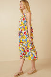 HY6991 Yellow Mix Womens Vivid Floral Tassel Shoulder Tie Linen Blend Dress Side