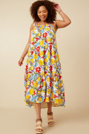 HY6991W Yellow Mix Plus Vivid Floral Tassel Shoulder Tie Linen Blend Dress Full Body