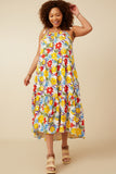 HY6991W Yellow Mix Plus Vivid Floral Tassel Shoulder Tie Linen Blend Dress Full Body