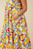 HY6991W Yellow Mix Plus Vivid Floral Tassel Shoulder Tie Linen Blend Dress Detail