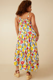 HY6991W Yellow Mix Plus Vivid Floral Tassel Shoulder Tie Linen Blend Dress Back