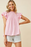 HY6998 Pink Womens Textured Smocked Ruffle Detail Tank Front