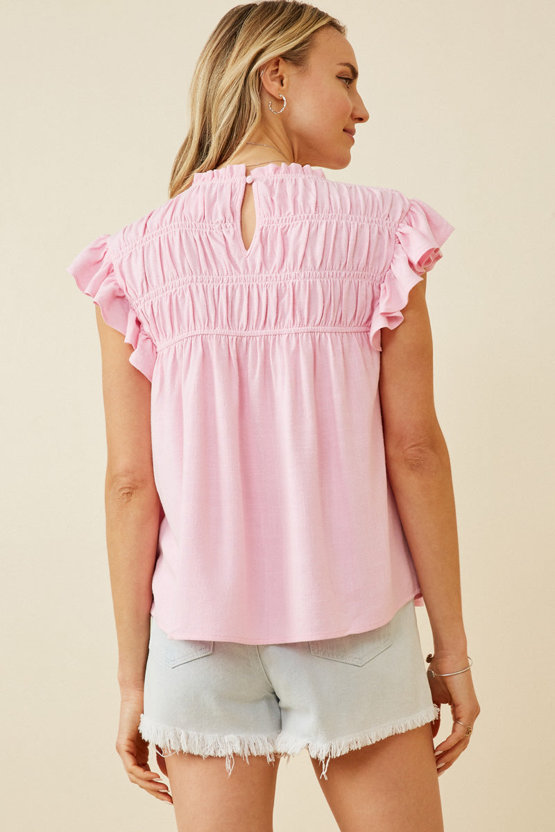 HY6998 Pink Womens Textured Smocked Ruffle Detail Tank Back