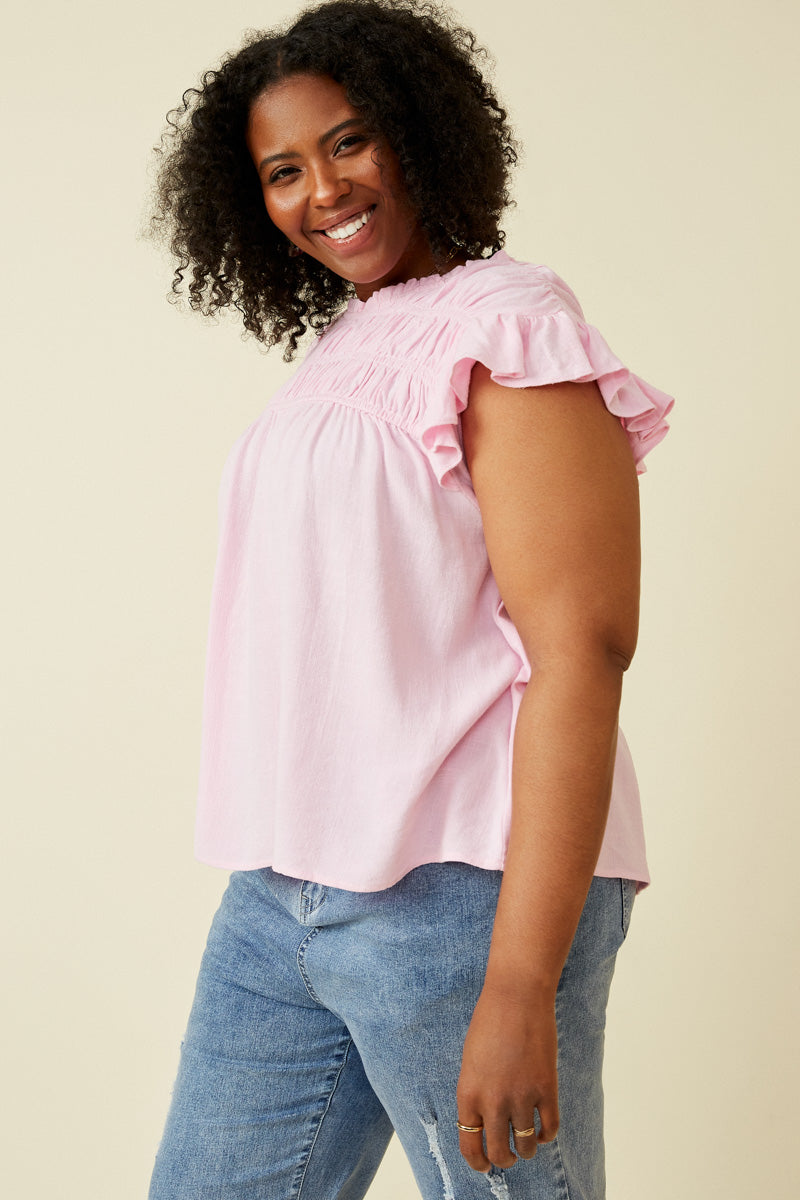 HY6998W Pink Plus Textured Smocked Ruffle Detail Tank Side 2