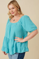 Plus Washed Smock Detail Puff Sleeve Gauze Top Side