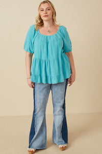 Plus Washed Smock Detail Puff Sleeve Gauze Top Full Body