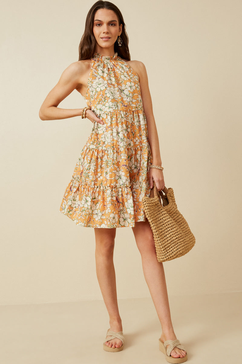 Floral Print Ruffled Neck Tiered Tank Dress
