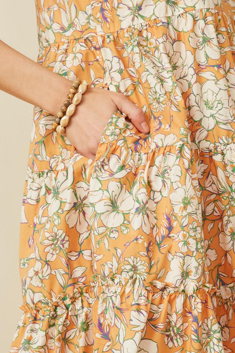 Womens Floral Print Ruffled Neck Tiered Tank Dress Detail