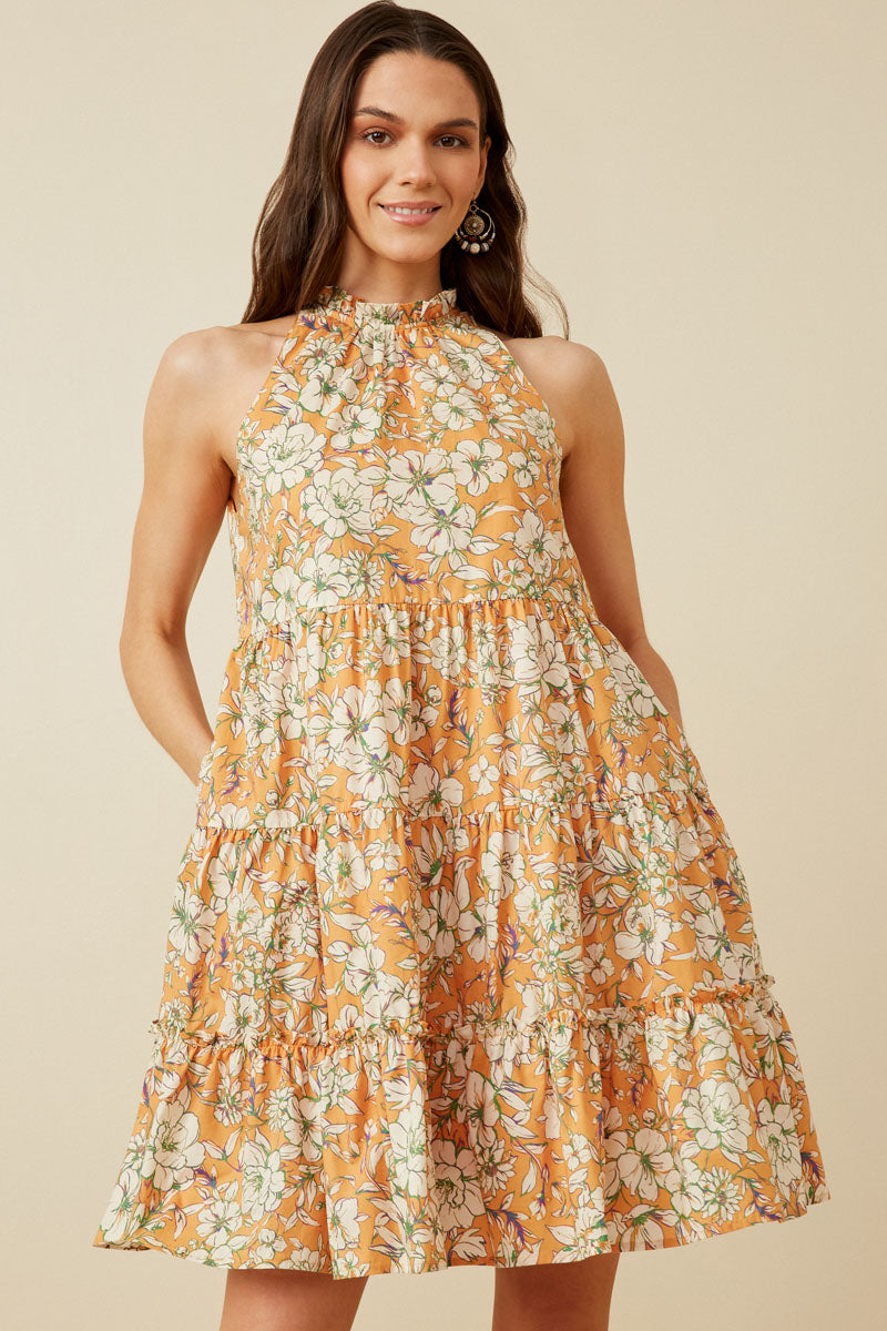 Womens Floral Print Ruffled Neck Tiered Tank Dress Pose
