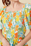 HY7159 Blue Mix Womens Resort Floral Smocked Peplum Top Front 2