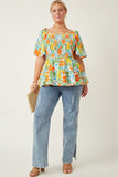 HY7159W Blue Mix Plus Resort Floral Smocked Peplum Top Full Body