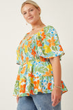 HY7159W Blue Mix Plus Resort Floral Smocked Peplum Top Side