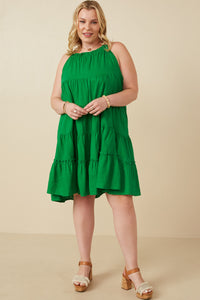 HY7188W Green Plus Tiered Ruffle Seamed Cami Dress Full Body