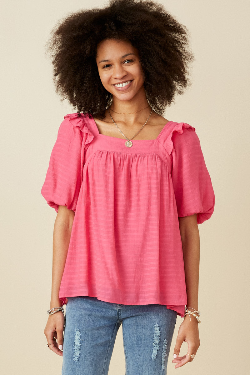 HY7193 Pink Womens Square Neck Ruffle Shoulder Textured Top Front