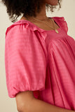 HY7193 Pink Womens Square Neck Ruffle Shoulder Textured Top Detail