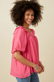 HY7193 Pink Womens Square Neck Ruffle Shoulder Textured Top Side