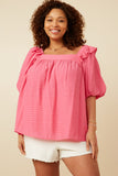 HY7193W Pink Plus Square Neck Ruffle Shoulder Textured Top Front