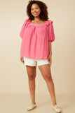 HY7193W Pink Plus Square Neck Ruffle Shoulder Textured Top Full Body