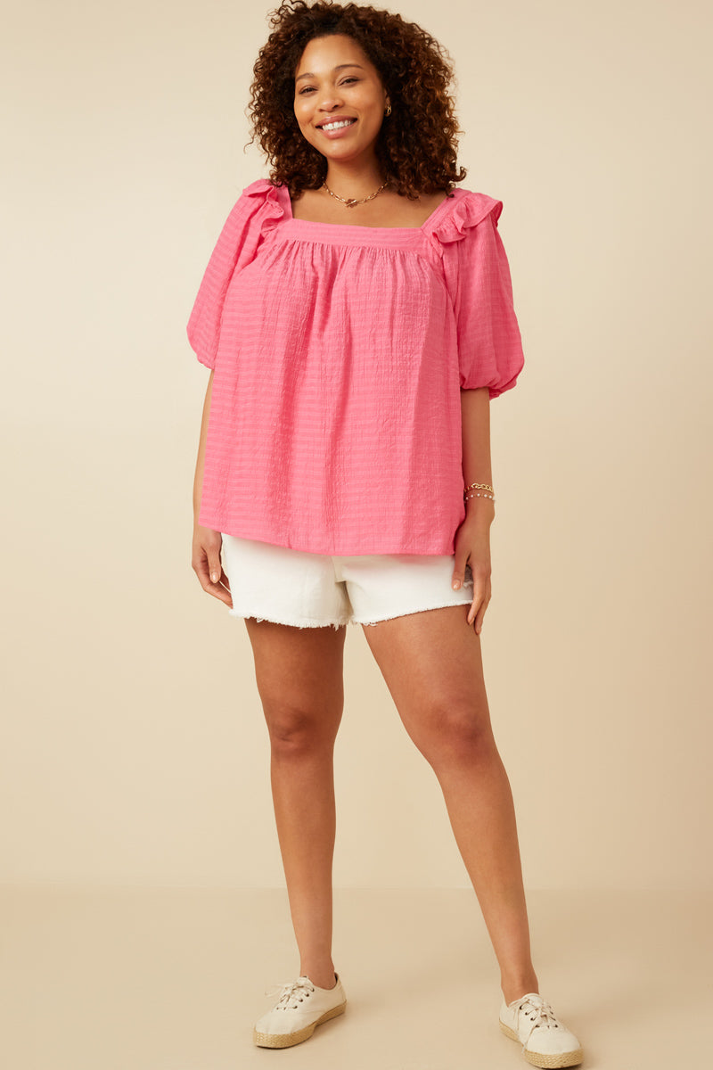 HY7193W Pink Plus Square Neck Ruffle Shoulder Textured Top Full Body