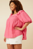 HY7193W Pink Plus Square Neck Ruffle Shoulder Textured Top Side