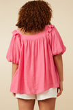 HY7193W Pink Plus Square Neck Ruffle Shoulder Textured Top Back