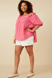HY7193W Pink Plus Square Neck Ruffle Shoulder Textured Top Full Body 2