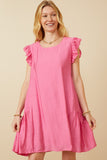 HY7194 Pink Womens Side Panel Detailed Ruffle Sleeve Dress Front