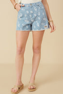 HY7280 Blue Womens Floral Printed Distressed Denim Shorts Front