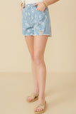 HY7280 Blue Womens Floral Printed Distressed Denim Shorts Detail