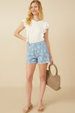 HY7280 Blue Womens Floral Printed Distressed Denim Shorts Full Body