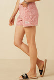 HY7280 Pink Womens Floral Printed Distressed Denim Shorts Side