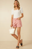 HY7280 Pink Womens Floral Printed Distressed Denim Shorts Full Body