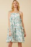 Womens Crushed Satin Textured Ruffled Botanical Print Dress