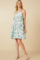 HY7282 Teal Womens Crushed Satin Textured Ruffled Botanical Print Dress Full Body