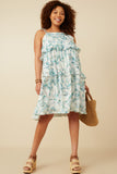 HY7282W Teal Plus Crushed Satin Textured Ruffled Botanical Print Dress Full Body