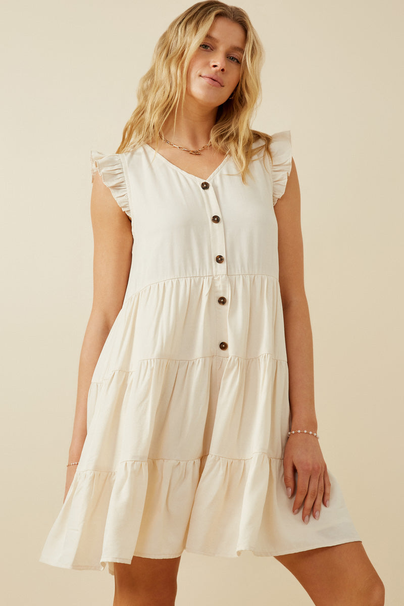 HY7296 Ivory Womens Ruffled Button Down Tiered Tank Dress Front