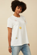 HY7311 Off White Womens Multi Floral Patched Knit Tee Front 2