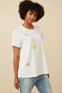 HY7311 Off White Womens Multi Floral Patched Knit Tee Front 2