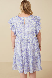 HY7313W Lavender Plus Ditsy Floral Exaggerated Ruffle Sleeve Dress Back