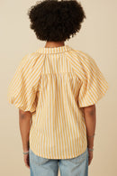 HY7314 Yellow Womens Striped Puff Sleeve Button Up Poplin Shirt Back