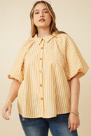HY7314W Yellow Womens Striped Puff Sleeve Button Up Poplin Shirt Front