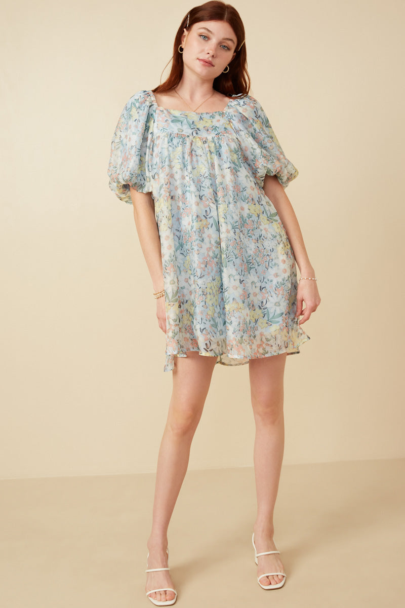 Floral Organza Puff Sleeve Dress