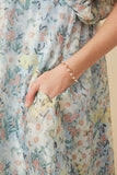 HY7346 Sage Womens Floral Organza Puff Sleeve Dress Detail