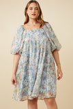 HY7346W Sage Plus Floral Organza Puff Sleeve Dress Front