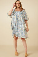 HY7346W Sage Plus Floral Organza Puff Sleeve Dress Full Body